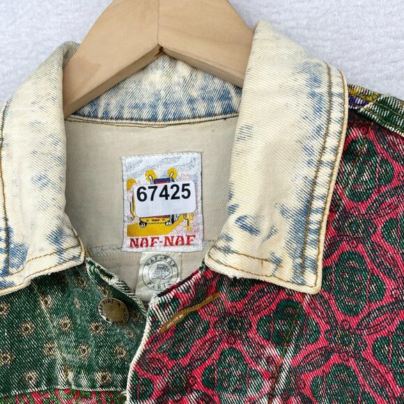 NAF NAF Jacket Mens S Bandana Patchwork Trucker Acid Washed Denim Blue VTG - Picture 16 of 16